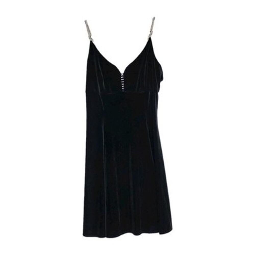 Vtg Black Velvet Mini Dress Womens 13/14 Rhinestone Straps Homecoming Goth Y2K